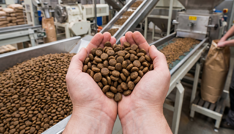 Manos sosteniendo pienso en una fábrica europea
