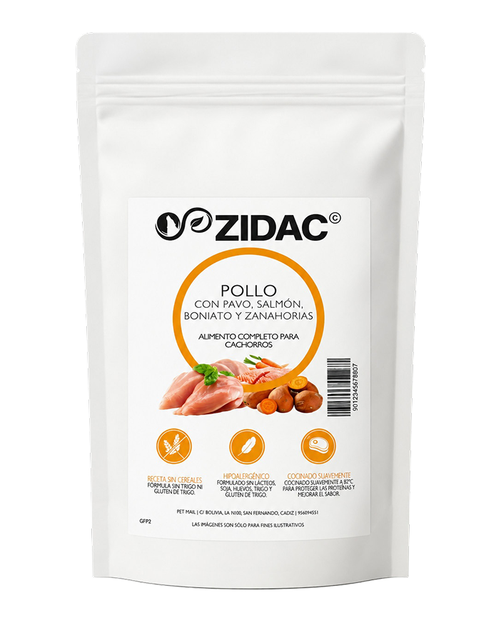 Pollo con pavo, salmon, boniato y zanahorias